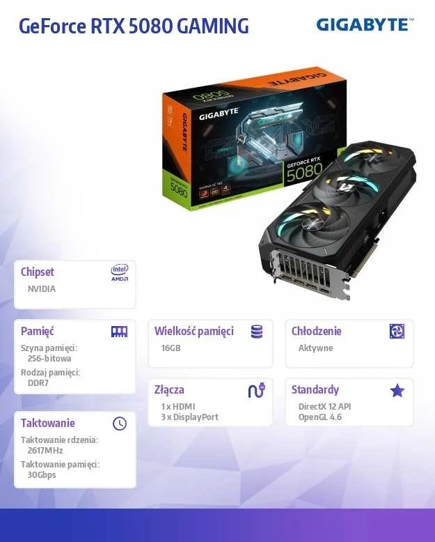 Vaizdo plokštė GIGABYTE GeForce RTX 5080 GAMING OC 16G Grafikos plokštė