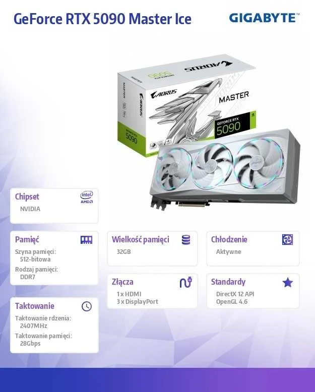 Vaizdo plokštė „Gigabyte AORUS GeForce RTX 5090 MASTER ICE 32G“ | „NVIDIA“ | 32 GB | „GeForce RTX 5090“ | GDDR7 | HDMI jungčių kiekis: 1 | PCI-E 5.0