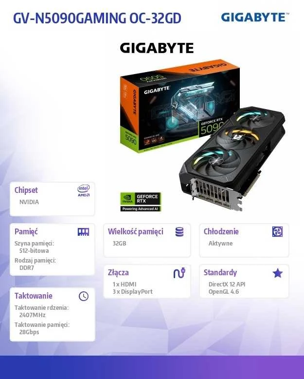 Vaizdo plokštė GIGABYTE GeForce RTX 5090 GAMING OC 32G Grafikos plokštė - 32GB GDDR7, 512bit, PCI-E 5.0, 2550MHz Core Clock, 3 x DP 2.1b, 1 x HDMI 2.1b, NVIDIA DLSS 4, GV-N5090GAMING OC-32GD