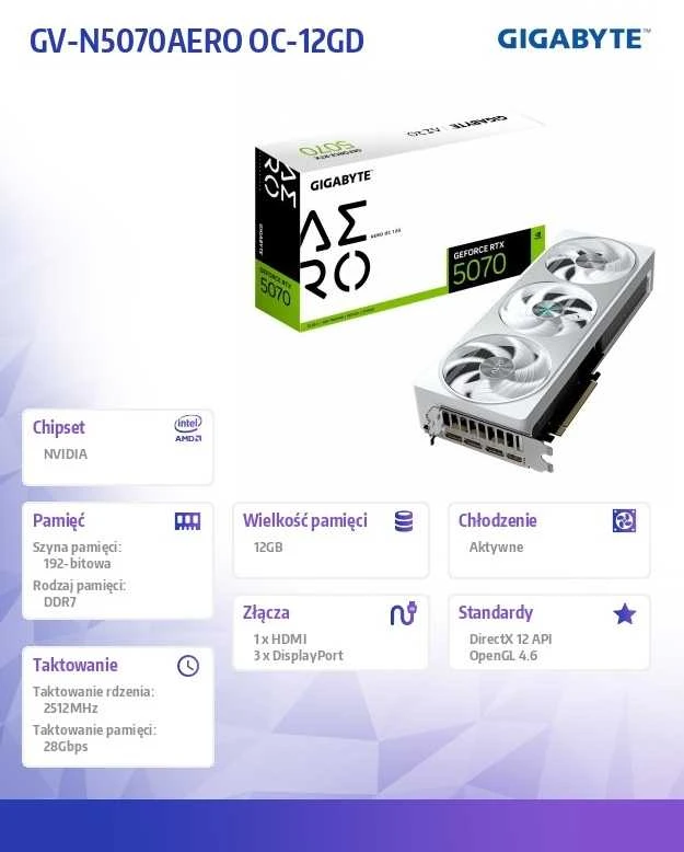 Vaizdo plokštė Gigabyte GeForce RTX 5070 AERO OC 12G | NVIDIA | 12 GB | GeForce RTX 5070 | HDMI jungtys kiekis 1 | PCI-E 5.0