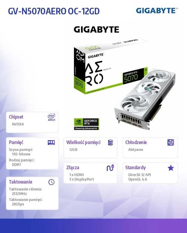 Vaizdo plokštė Gigabyte GeForce RTX 5070 AERO OC 12G | NVIDIA | 12 GB | GeForce RTX 5070 | HDMI jungtys kiekis 1 | PCI-E 5.0