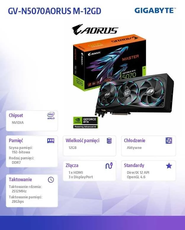 Vaizdo plokštė Gigabyte AORUS GeForce RTX 5070 MASTER 12G | NVIDIA | 12 GB | GeForce RTX 5070 | HDMI jungtys kiekis 1 | PCI-E 5.0