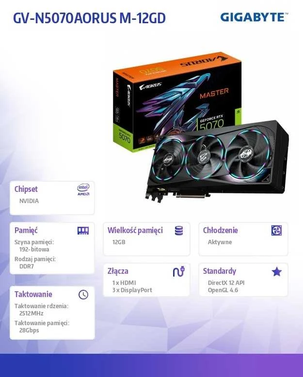 Vaizdo plokštė Gigabyte AORUS GeForce RTX 5070 MASTER 12G | NVIDIA | 12 GB | GeForce RTX 5070 | HDMI jungtys kiekis 1 | PCI-E 5.0