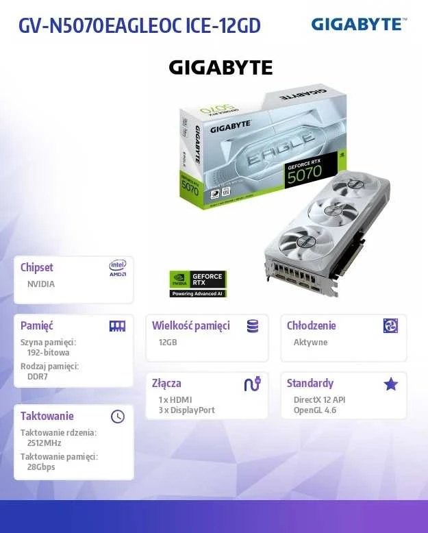Vaizdo plokštė Gigabyte GeForce RTX 5070 EAGLE OC ICE SFF 12G | NVIDIA | 12 GB | GeForce RTX 5070 | HDMI jungtys kiekis 1 | PCI-E 5.0