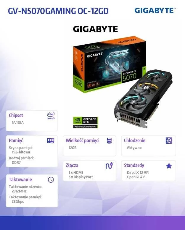 Vaizdo plokštė Gigabyte GeForce RTX 5070 GAMING OC 12G | NVIDIA | 12 GB | GeForce RTX 5070 | GDDR7 | HDMI jungtys kiekis 1 | PCI-E 5.0
