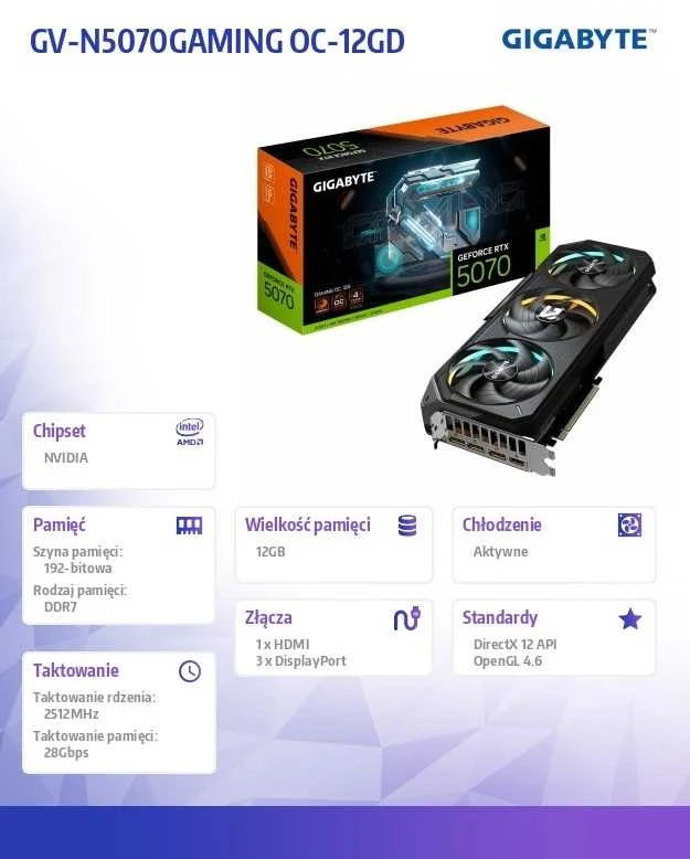 Vaizdo plokštė Gigabyte GeForce RTX 5070 GAMING OC 12G | NVIDIA | 12 GB | GeForce RTX 5070 | GDDR7 | HDMI jungtys kiekis 1 | PCI-E 5.0