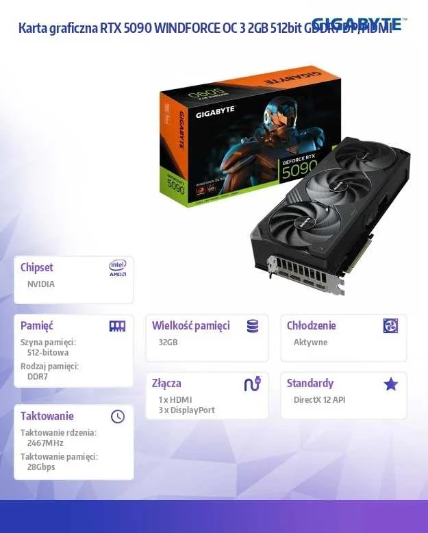 Vaizdo plokštė „Gigabyte GeForce RTX 5090 WINDFORCE OC 32G“ | NVIDIA | 32 GB | „GeForce RTX 5090“ | GDDR7 | HDMI jungčių kiekis: 1 | PCI-E 5.0