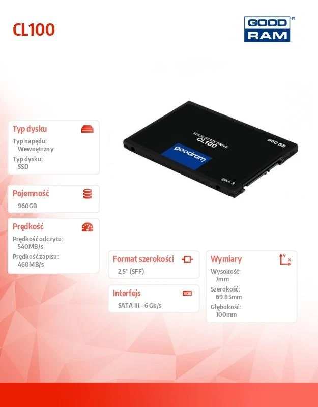 GOODRAM SSD CL100 GEN.3 960GB 2,5" SATA3 540/460 MB/s