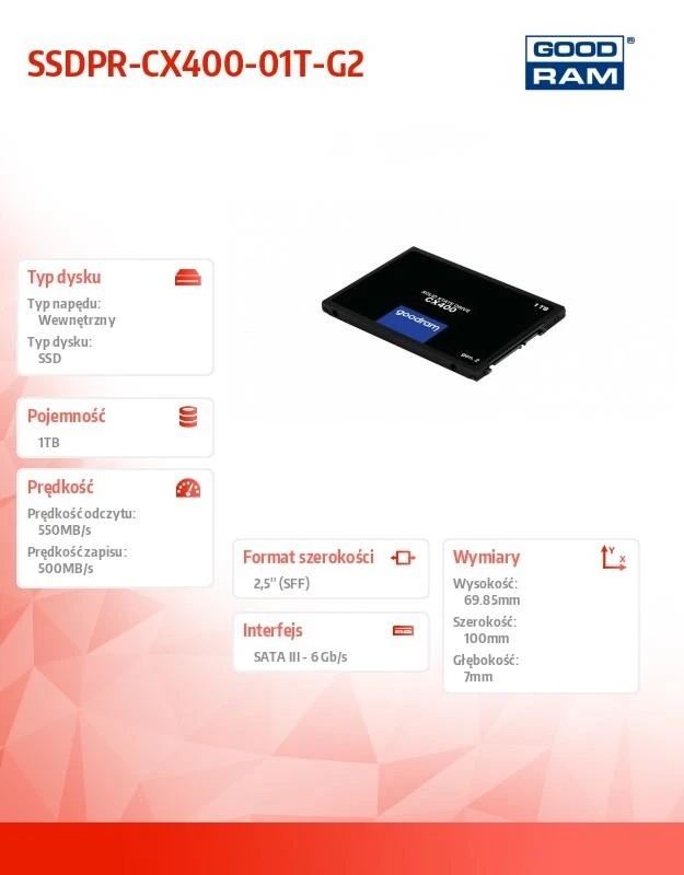 GOODRAM CX400 GEN.2 SSD 1 TB SATA3 2,5" 550/500 MB/s
