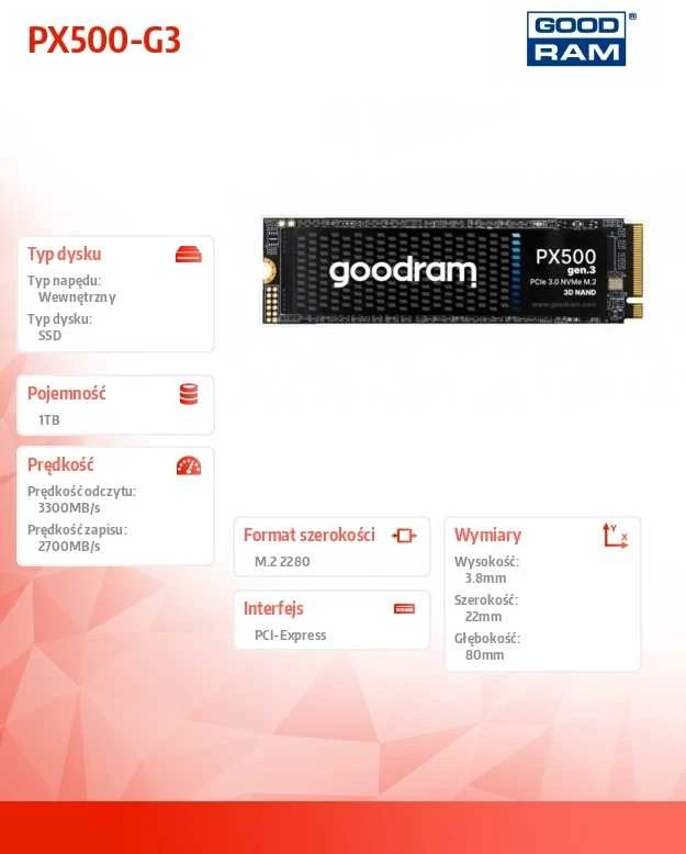 M.2 SSD - Goodram PX500 1 TB PCIe 3.0 NVMe 3300 MB/s Skaitymas 2700 MB/s Rašymas
