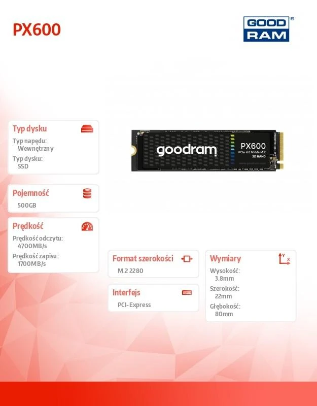 Kietasis diskas - Goodram SSDPR-PX600-500-80 M.2 500 GB PCI Express 4.0 NVMe 3D NAND