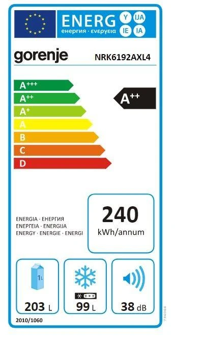 Gorenje | Šaldytuvas | NRK6192AXL4 | Energy efficiency class E | Free standing | Combi | Height 185 cm | No Frost system | Šaldytuvas net capacity 204 L | Šaldiklis net capacity 96 L | Ekranas | 38 dB | Stainless Steel