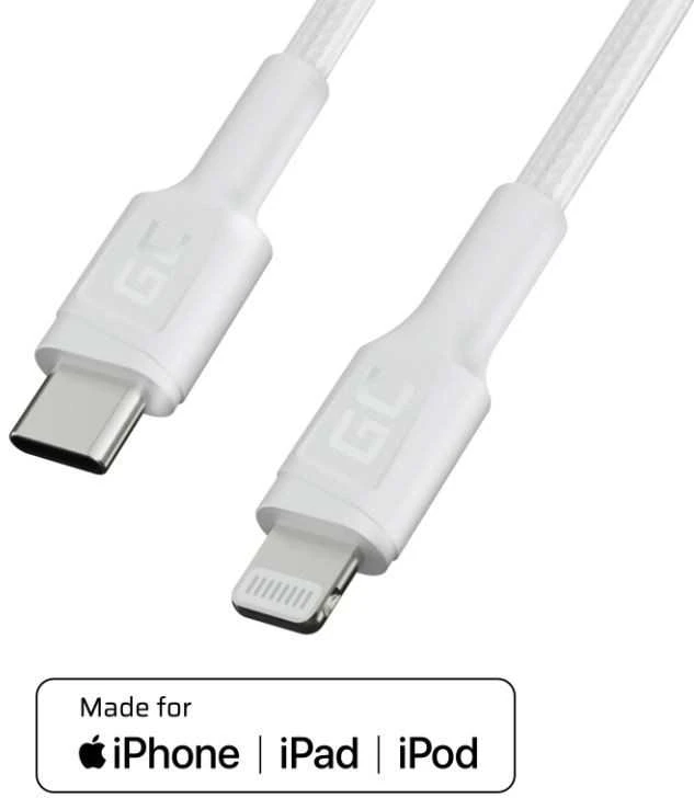 Green Cell Žalias Cell Kabelis Baltas USB-C – Lightning MFi 1m per Apple iPhone Žalias Cell PowerStream, su greitu Power Delivery įkrovimu