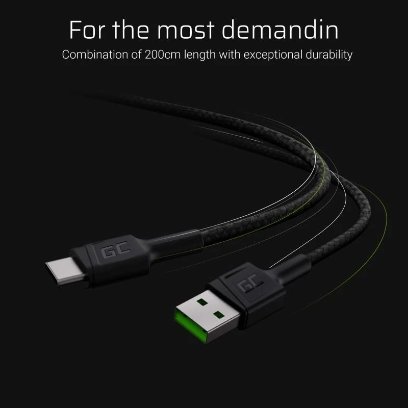 Green Cell Žalias Cell GREENCELL kabelis GC PowerStream USB-A – USB-C 200cm Ultra Charge QC 3.0
