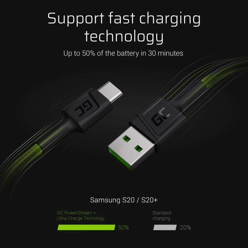 Green Cell Žalias Cell GREENCELL kabelis GC PowerStream USB-A – USB-C 200cm Ultra Charge QC 3.0