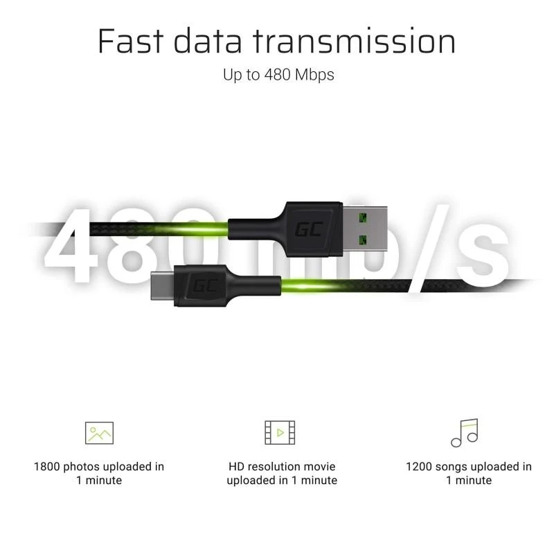 Green Cell Žalias Cell GREENCELL kabelis GC PowerStream USB-A – USB-C 200cm Ultra Charge QC 3.0