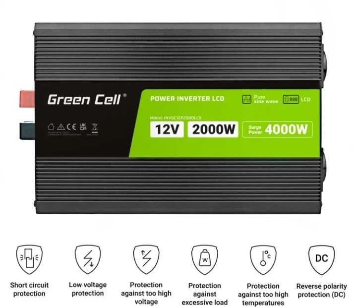 Green Cell PowerInverter 12V 2000W su apsaugos simboliais
