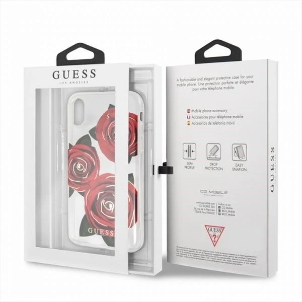 Guess Flower Desire Raudona Rose iPhone X dėklas – skaidrus