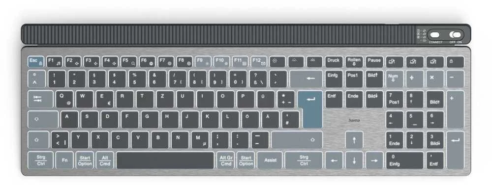 Klaviatūra Hama WK-750/WKM-750 belaidė 100% (full-size) su pašvietimu juoda-pilka