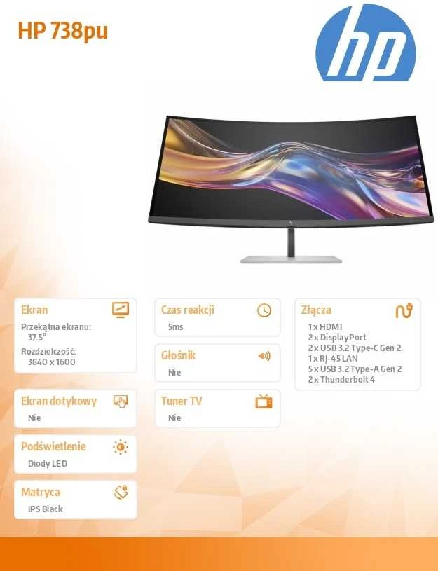 HP 738pu serijos 7 Pro lenktas TB4 įkrovimo monitorius - 37.5" 3840x1600 WQHD+ 400 nitų 60Hz AG, lenktas, IPS Juodas HDR 400, USB-C (100W/65W/15W)/HDMI/ DP Daisy-Chain, 5x USB-A, garsiakalbiai, RJ-45 LAN, reguliuojamo aukščio / pakreipimo / pasukimo, 3 metai (Z38c)
