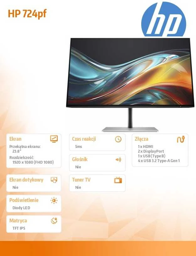 Hewlett Packard (HP) HP 724pf Series 7 Pro FHD monitorius – 23,8 colių 1920x1080 FHD 300 nitų 100 Hz AG, IPS, HDMI/DisplayPort Daisy-Chain, 4x USB-A, reguliuojamas aukštis / pakreipimas / pasukamas / sukamas, Z24 metai (pakeisti 3)