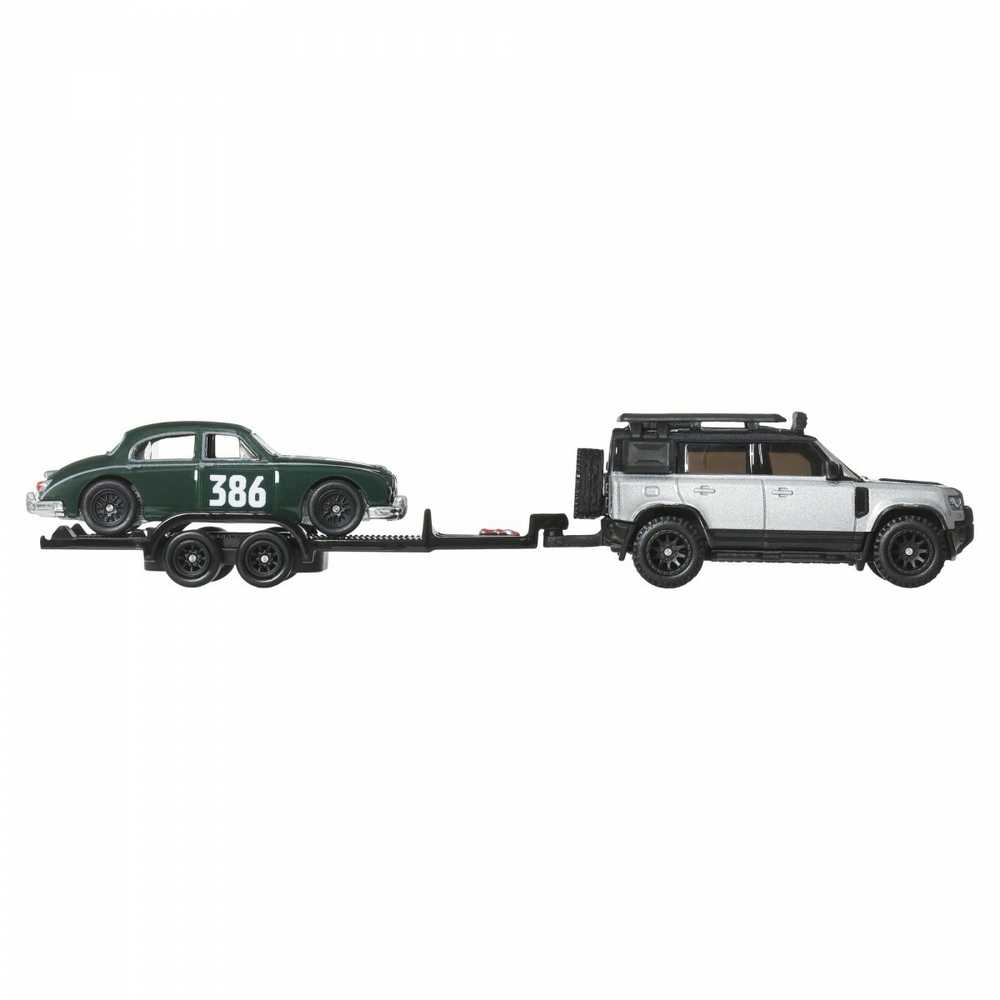 Mattel Žaisliniai Hot Wheels automobiliai Jaguar MK1 ir Land Rover Defender 110 1:64 sidabriniai