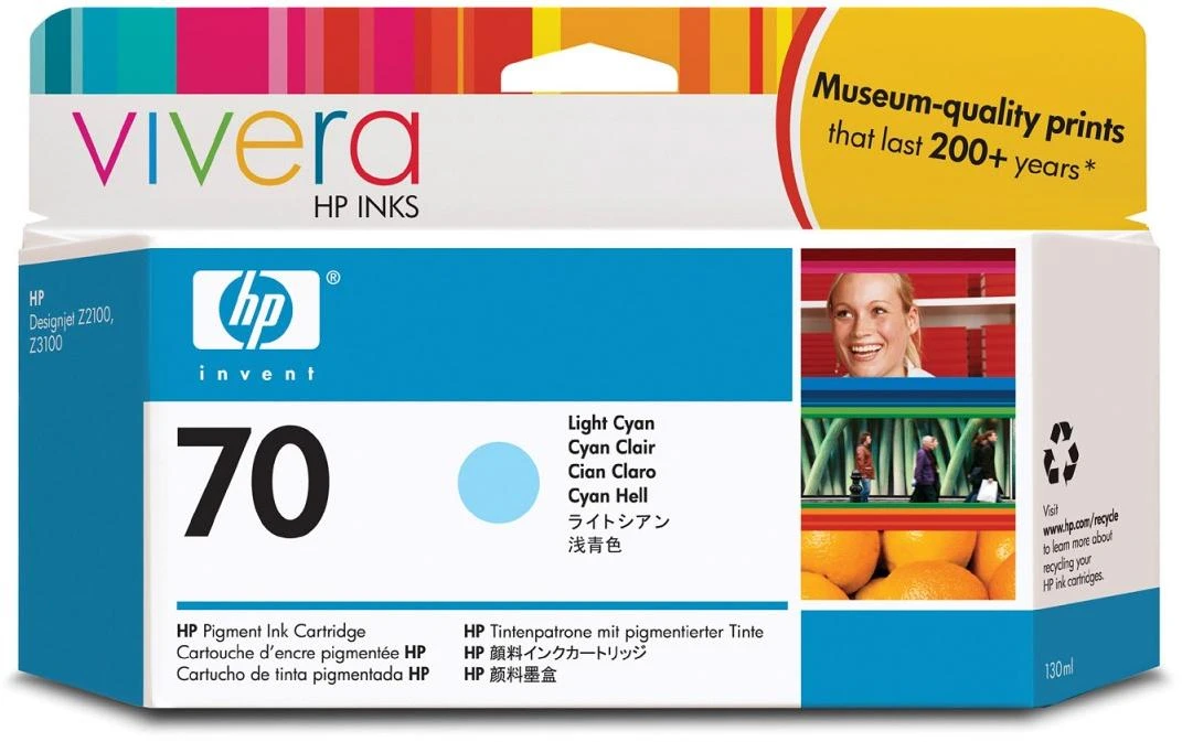 Hewlett Packard (HP) HP nr.70 Rašalo krepšelis. Šviesiai žalsvai mėlyna su Vivera rašalu (130 ml)