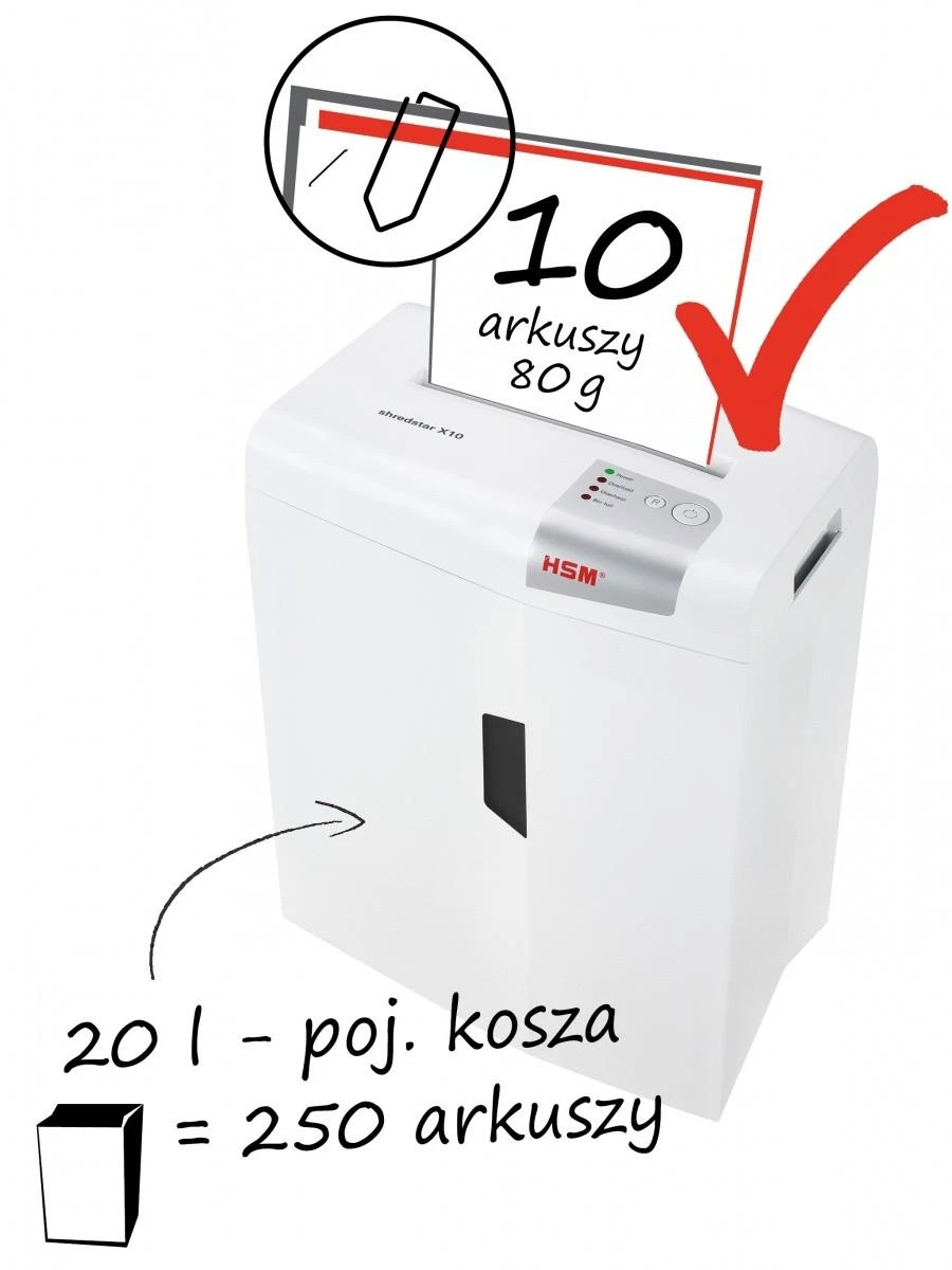 HSM 1045111 HSM „Shredstar X10“ – kryžminio kirpimo, 4,5 x 35 mm / 10 lapų, 80 g / 20 l dėžė / P-4