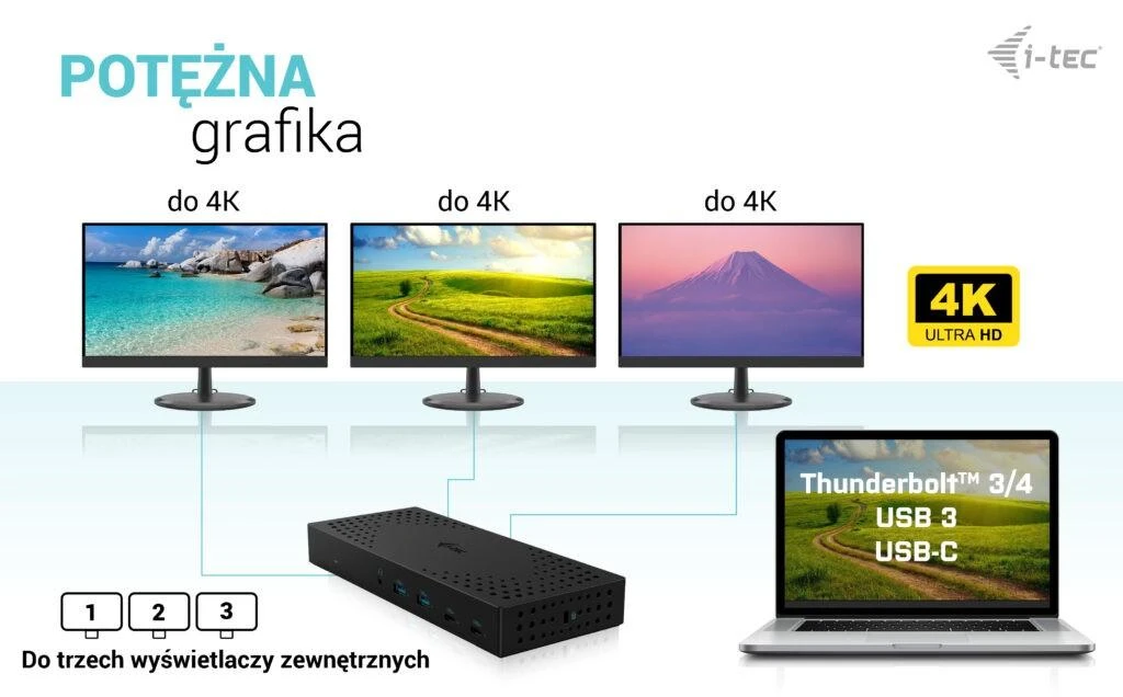 I-TEC USB 3.0 USB-C Thunderbolt 3x 4K prijungimo stotis Gen 2 + maitinimo tiekimas 100 W