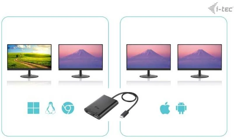 I-tec USB-C Dual 4K/60Hz (vienas 8K/30Hz) DP vaizdo adapteris