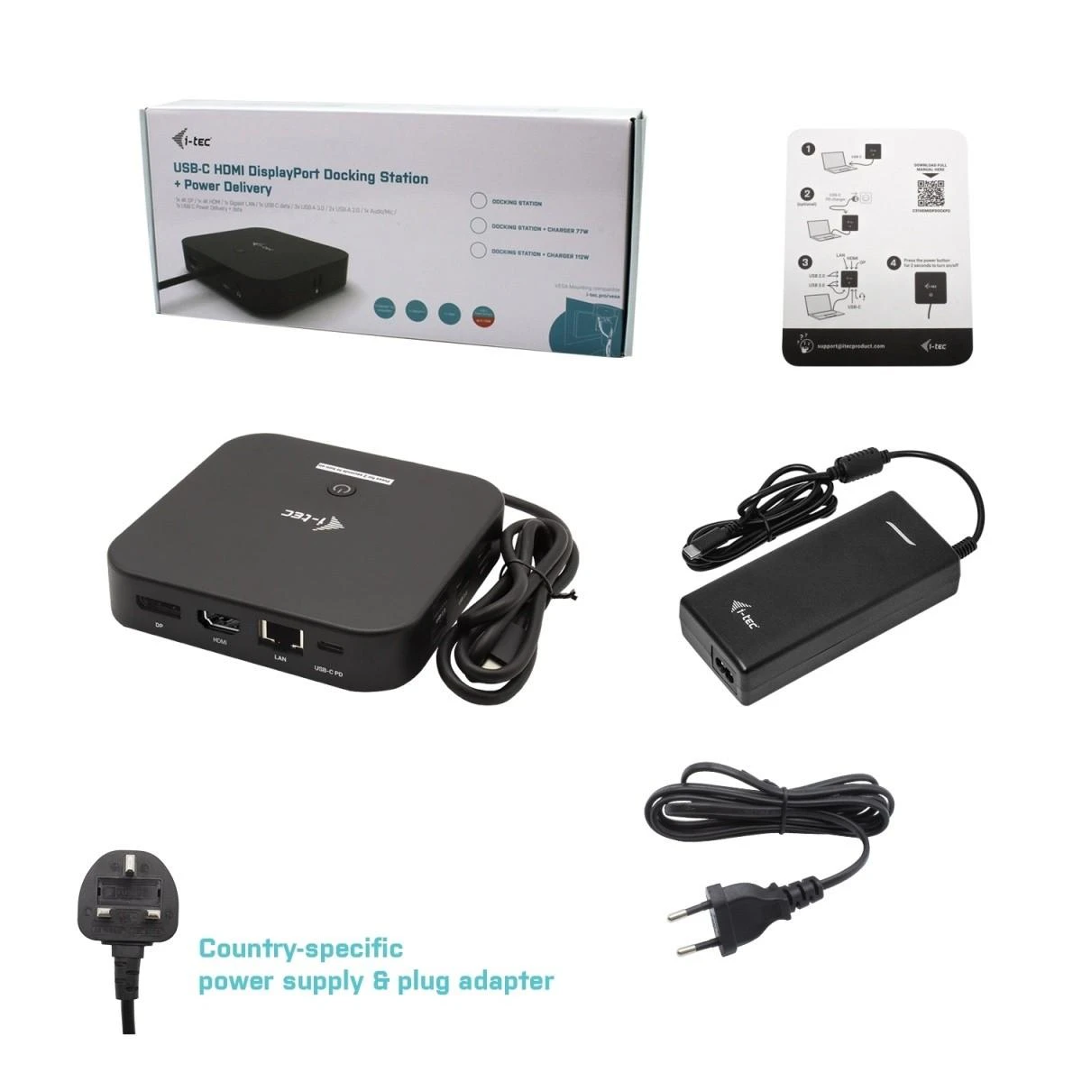 I-TEC USB-C Dual Ekranas MST DS 1x DP 1x HDMI 1xGLAN 3xUSB 3.0 2xUSB 2.0 1xUSB-C-Datei 1xGarso / mikrofono lizdas 1x100W USB-C PD + įkroviklis 112W