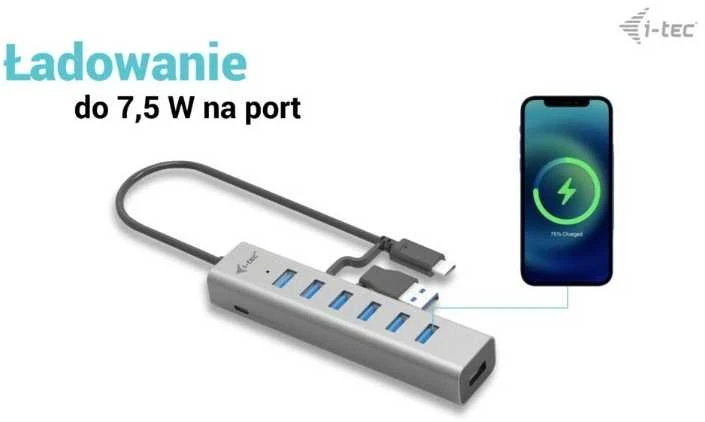 I-TEC USB-C įkrovimo metalinis HUB 7 prievadas be maitinimo adapterio