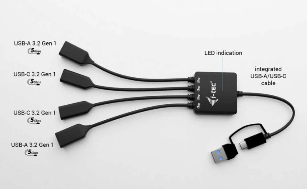 I-tec USB-C/USB-A kabelio šakotuvas, 4 prievadų (2x USB-C, 2x USB-A), iki 5 Gbps, lankstus kabelio šakotuvas, 60 g