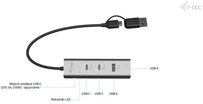 I-tec universalus įkrovimo metalinis HUB 2x USB-C + 2x USB-A prievadas, PD 85W