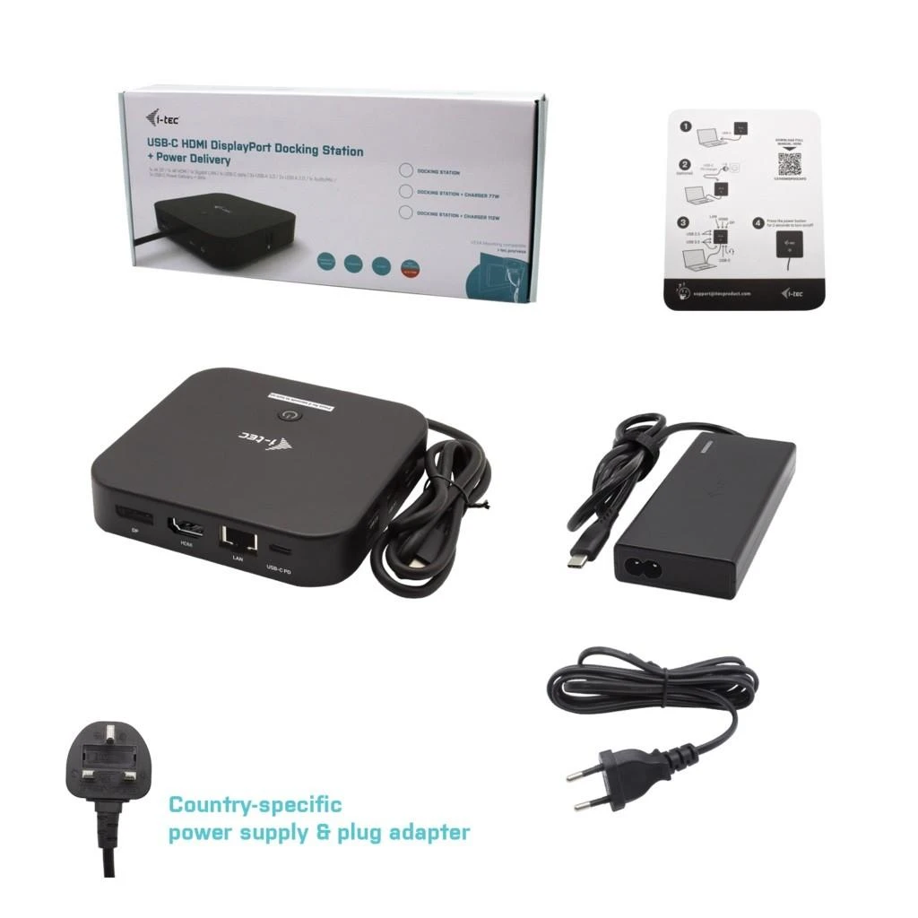 I-TEC USB-C Dual Ekranas MST DS 1x DP 1x HDMI 1x GLAN 3x USB 3.0 2xUSB 2.0 1xUSB-C-Datei 1xGarso / mikrofono lizdas 1x65W USB-C PD + įkroviklis 77W