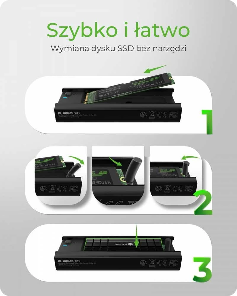 Icy Box RaidSonic ICYBOX IB-180MC-C31 M.2 NVMe ir SATA SSD prijungimo jungtis USB 3.2 Gen2