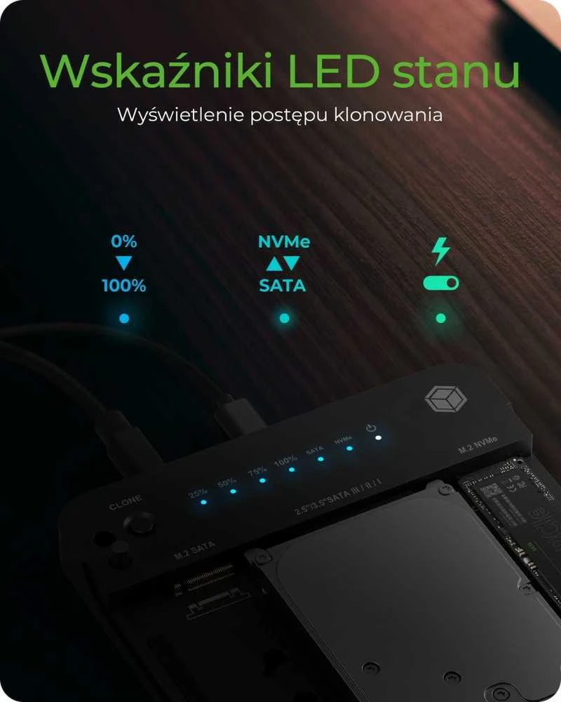 „Raidsonic Icy Box IB-2915MSCL-C31“ prijungimo stotelė ir „CloneStation“, skirta M.2 NVMe ir M.2 SATA SSD ir 2,5 colio / 3,5 colio SATA SSD / HDD