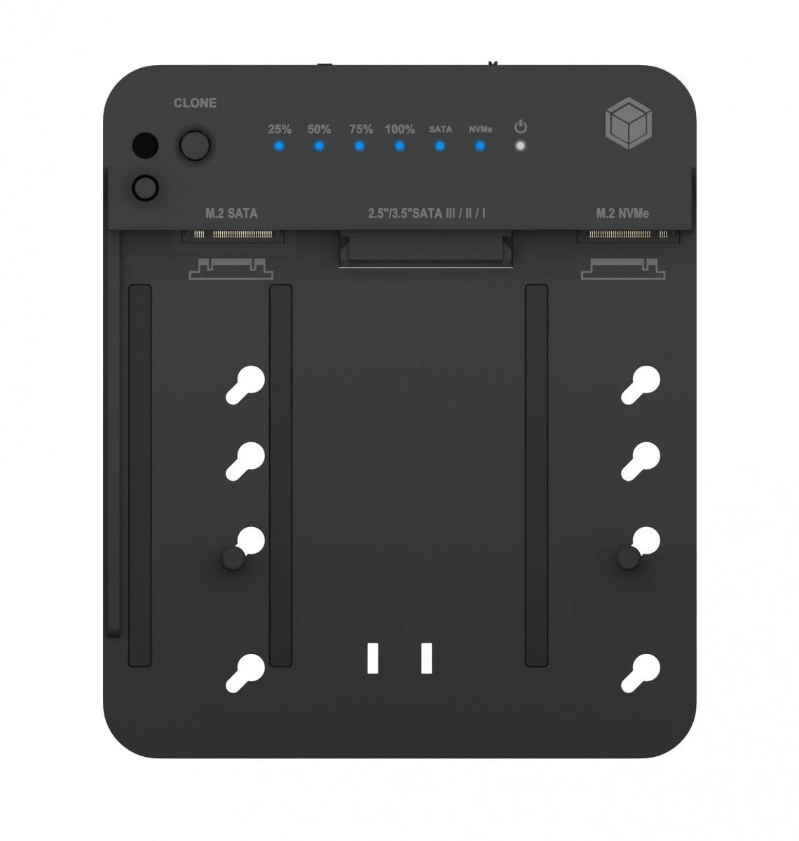 „Raidsonic Icy Box IB-2915MSCL-C31“ prijungimo stotelė ir „CloneStation“, skirta M.2 NVMe ir M.2 SATA SSD ir 2,5 colio / 3,5 colio SATA SSD / HDD