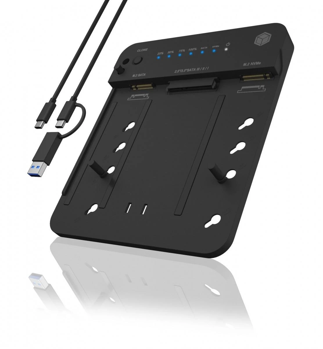 „Raidsonic Icy Box IB-2915MSCL-C31“ prijungimo stotelė ir „CloneStation“, skirta M.2 NVMe ir M.2 SATA SSD ir 2,5 colio / 3,5 colio SATA SSD / HDD