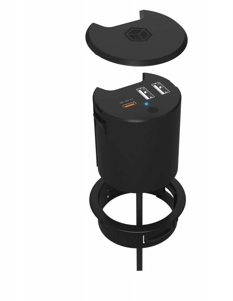 Icy Box IB-HUB1407 3 prievadų stalinis įkroviklis, 2x USB-A, 1x USB-C, 60 mm anga