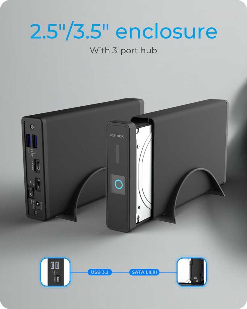 Icy Box RaidSonic ICYBOX IB-382H-C31 išorinis korpusas, skirtas 3,5 colio arba 2,5 colio HDD / SSD su USB 3.2 Gen 2 Type-C sąsaja ir USB šakotuvu