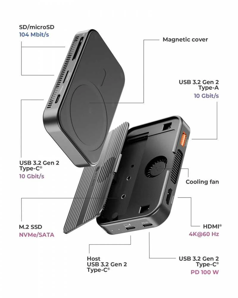 RaidSonic ICY BOX 7w1 magnetinis diskas | M.2 NVMe i SATA SSD | HDMI 4K 60 Hz | PD 3.0