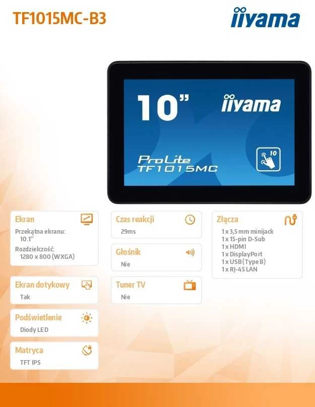 Monitorius IIYAMA TF1015MC-B2 A 10 colių jutiklinis skydelis 1280x1024 VA 500cd 10touch dažai CS VGA HDMIx1 DPx1 IP65 sertifikuotas juodas