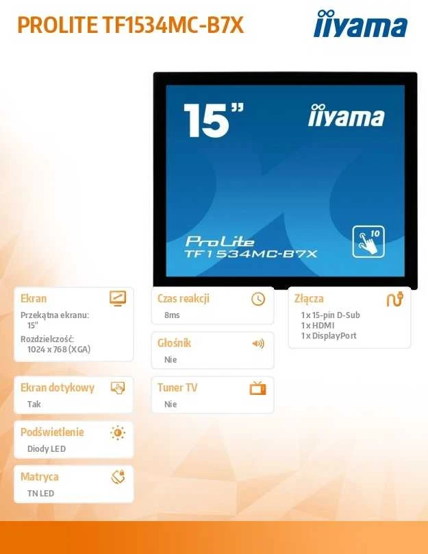 Iiyama „Monitorius“ 15 colių TF1534MC-B7X TN monitorius, 10 lietimo taškų, HDMI, DP, 4:3, P65, 7H, USB