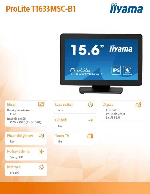 Monitorius „iiyama T1633MSC-B1-Touch“ 16 colių FHD daugiafunkcis ekranas