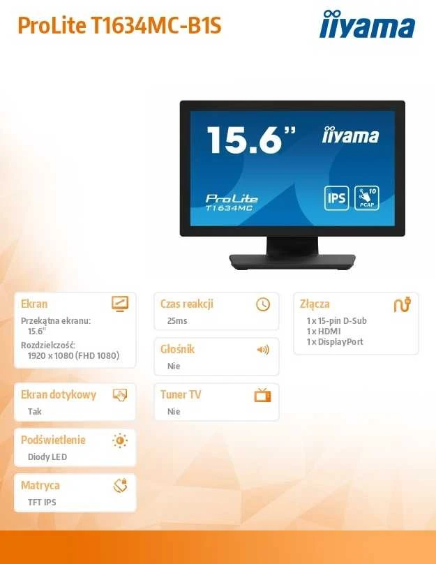 Monitorius IIYAMA T1634MC-B1S 15,6" PCAP be rėmelio priekinis 10P Touch 1920x1080 VGA DisplayPort