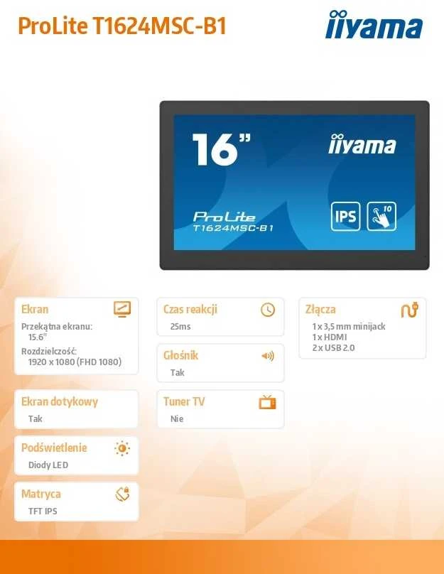 Monitorius iiyama ProLite T1624MSC-B1 - 15.6" | Full HD| HDMI | VESA 100