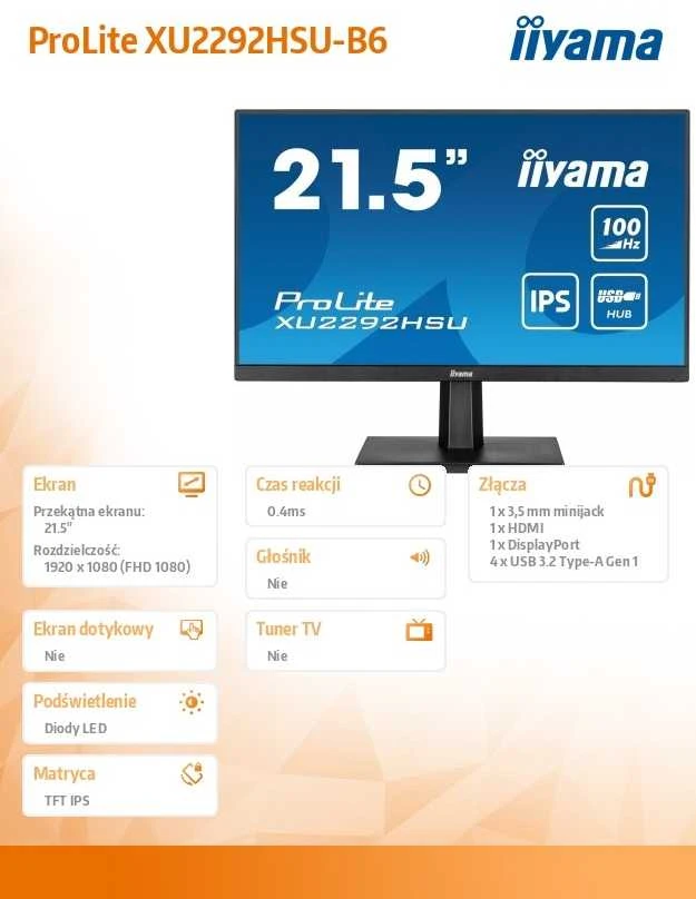 Monitorius iiyama ProLite XU2292HSU-B6 - 100Hz | Full HD | 21.5'' | IPS | 0.4ms