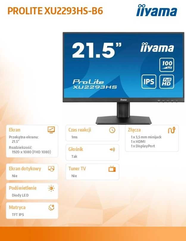 Monitorius - iiyama ProLite XU2293HS-B6 21.5" Full HD 1920x1080 IPS 100Hz Juodas