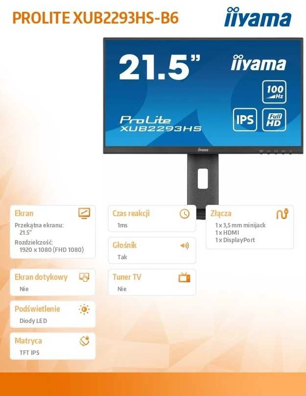 Monitorius 54,6cm/21,5" (1920x1080) iiyama ProLite XUB2293HS-B6 16:9 FHD IPS 1ms 100Hz HDMI DP Speaker Pivot Juodas